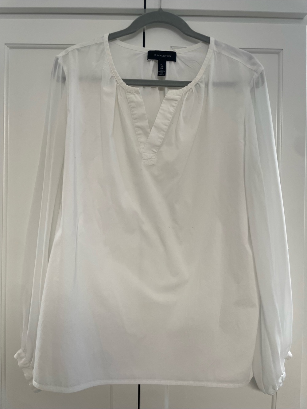 H by Halston White Split V-Neck Sheer Sleeve Blouse